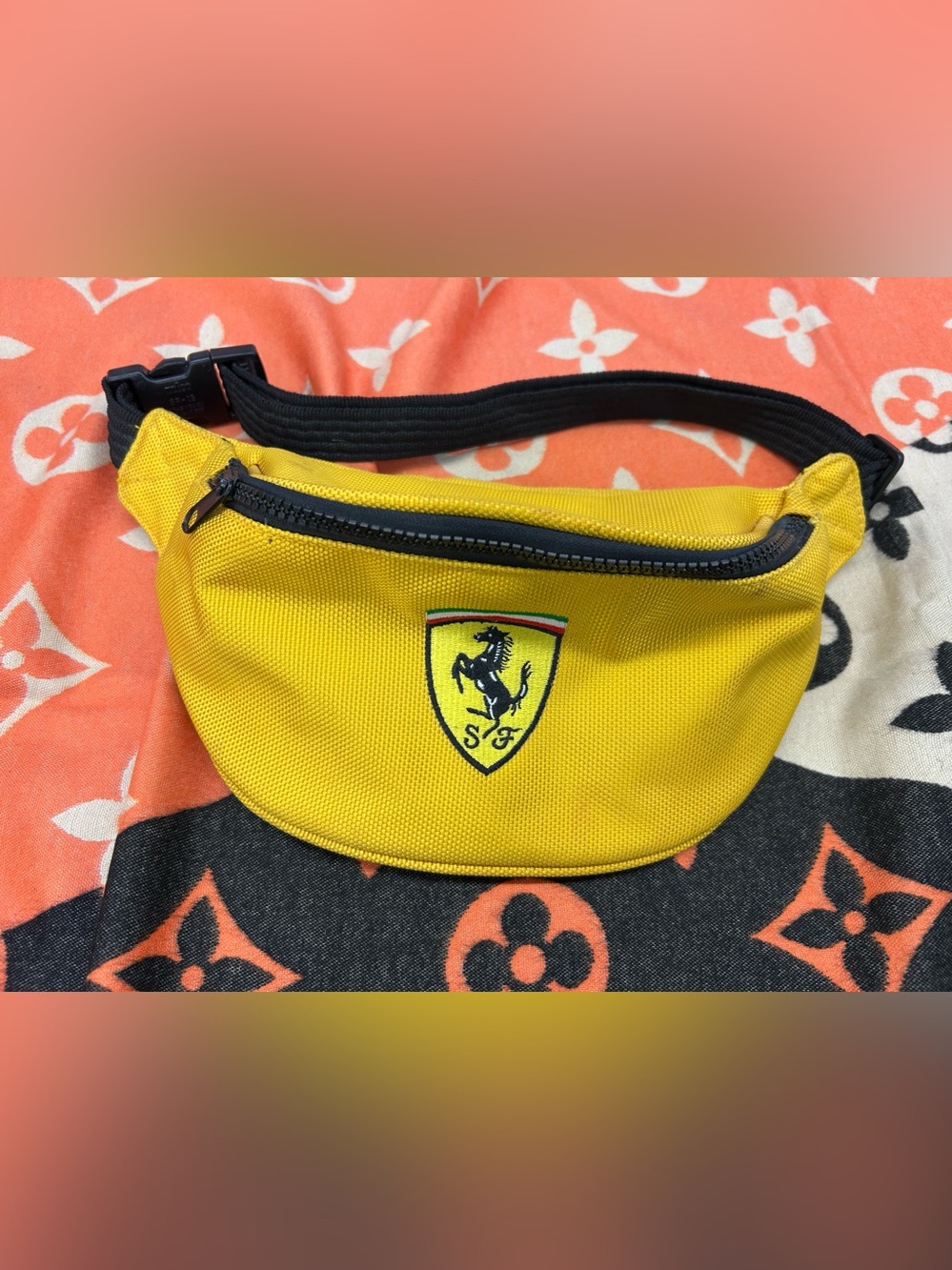 Y2K Ferrari Yellow Nylon Belt Bag with Black Strap. Vintage.